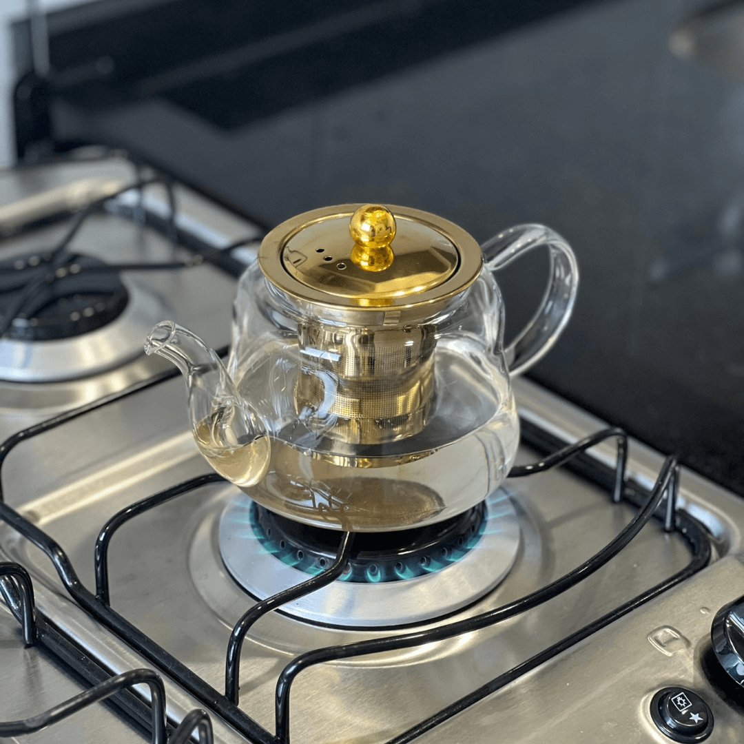 Chaleira de Vidro Borossilicato com Infusor Dourado Inox 600ml
